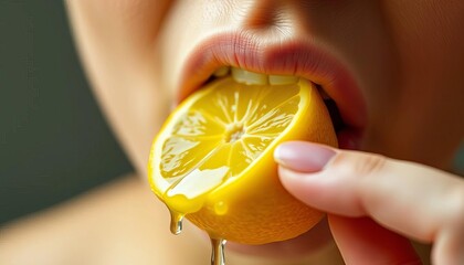 Close-up of a hand biting a lemon, juice dripping,  diet,  photography