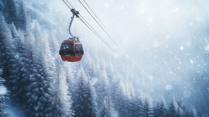 Snowy mountain scene with red gondola lift above pine trees  