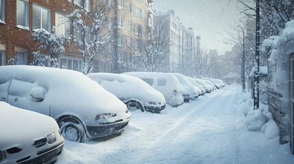 Snow-covered street with parked cars in winter scenery