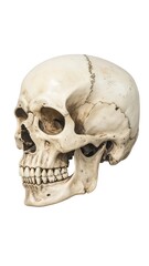 Naklejka premium A detailed photograph showing a human skull from a side profile view, rendered with precise anatomical detail and a slightly aged appearance