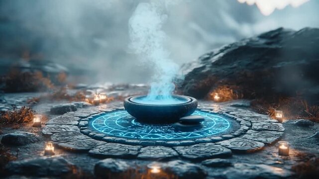Mystical cauldron steaming in a magical, ancient stone circle.