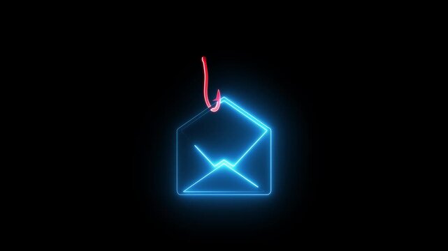 Mail phishing icon animation, envelope with fish hook, email scam concept, cyber attack, neon glowing digital illustration, online fraud warning, cybersecurity alert