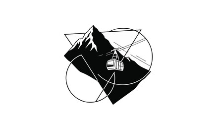 Stylized mountain peak with a gondola lift ascending against geometric lines and abstract shapes