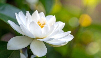 Fototapeta premium Macro shot of a pristine white flower blooming, golden center