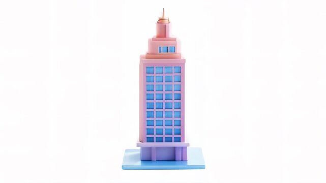 A stylized building model with pink and blue colors set against a white background.