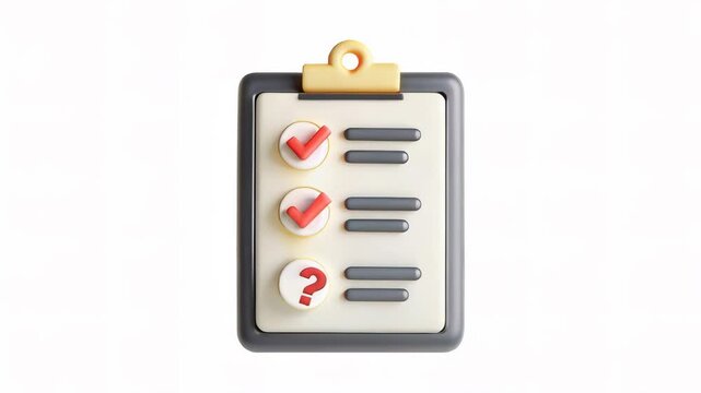 A 3D checklist with checkmarks and a question mark on a clipboard against a white background.