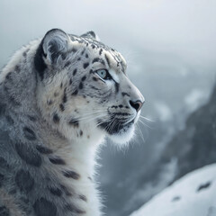 Obraz premium Snow leopard on Himalayan ridge, misty mountains, piercing blue eyes, detailed fur, breath visible, isolated and majestic wildlife scene.