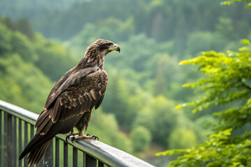 Juvenile Raptor Perched on Railing with Forest Backdrop.
