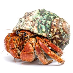 A vibrant hermit crab emerges from its patterned shell against a clean white backdrop. The crustacean displays orange-red coloration