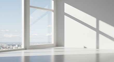 Fototapeta premium Minimalist white room interior with large windows offering a city view and bright sunlight.