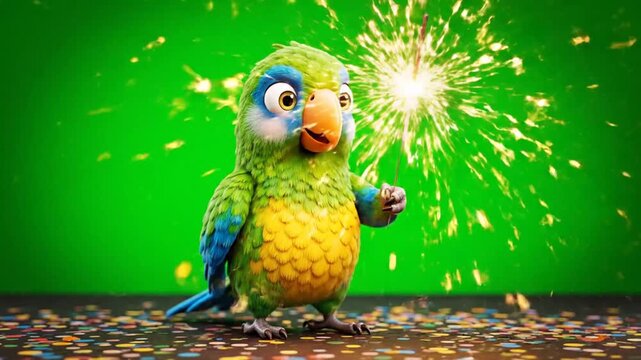 Cheerful Green and Yellow Parrot Holding a Sparkler Animation With Isolated Green Screen Background Ideal for Festive Occasions and Perfect for Decorations With Confetti Scatter