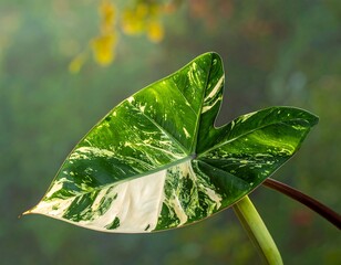 Close-up shot of a large, heart-shaped leaf with green, white, and patterned variegation