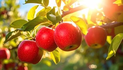 Close Up Shot Of Red Apples Covered In Water Droplets Hanging From A Tree Branch With Bright Sunlight Shining Through Green Leaves In The Background