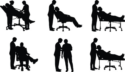 Flat vector illustration of doctor and patient interaction in hospital, medical examination and care scene, healthcare professional support design