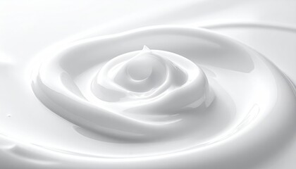 Obraz premium Close-up top-down view of thick white cream swirl with smooth glossy texture and soft shadows on a bright white background, luxurious dairy product detail, food photography