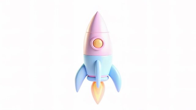 A colorful rocket toy in pastel shades with a circular button and a flame at the base, designed to invoke a playful and imaginative feel.