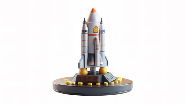 A 3D model of a rocket on a round display platform with yellow accents.