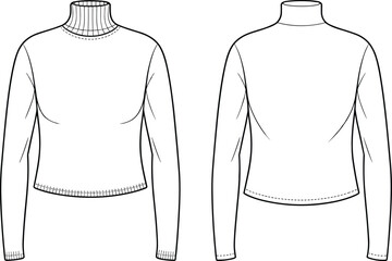 Cad drawing flat vector, women's turtleneck long sleeve top technical illustration, front and back views, fitted knitwear fashion template, garment design outline