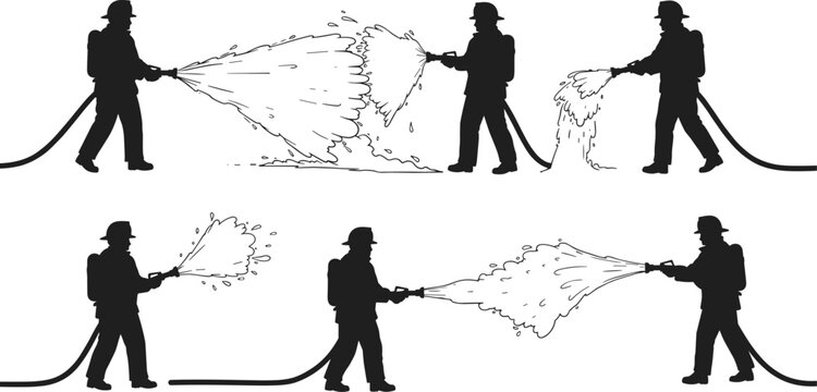 Flat vector illustration of firefighters spraying water with hose, fire emergency concept, rescue operation, safety service, fire department design