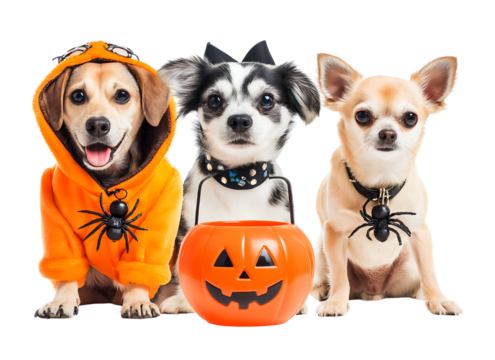 Cute Trio of Dogs Dressed Up for Halloween with Pumpkin Bucket isolated on a transparent background