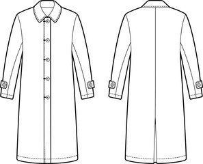 Classic button-front long coat flat sketch – women’s overcoat technical drawing with collar, sleeve straps, and back vent CAD template