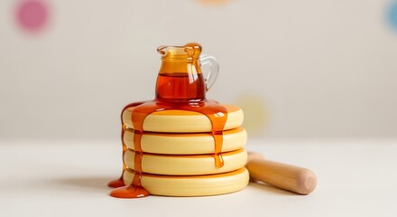 Towering stack of delectable pancakes drizzled generously with luscious maple syrup for a sweet breakfast delight