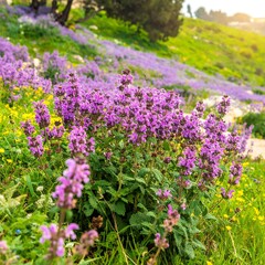 A vibrant hillside covered in lush wildflowers and diverse blossoms. Captured under a bright and beautiful setting
