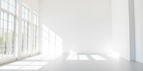 Obraz premium Bright sunlight streams through large windows illuminating a pristine white wall, architectural photography, white