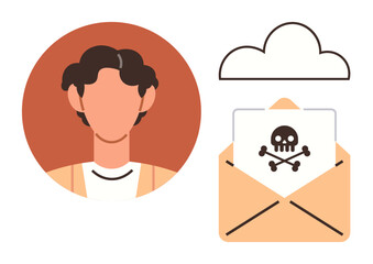 Person avatar next to a cloud and an email with a skull alert icon, symbolizing phishing, malware risk, and digital fraud. Ideal for cybersecurity, data privacy, safety, online threats, hacking