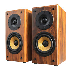 Two wooden speakers, angled slightly, with black and gold components
