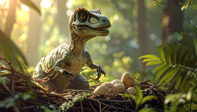 A detailed render of a juvenile, reptilian creature amidst a lush forest setting, focused on the creature and nest