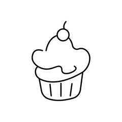 An isolated doodle icon in black and white. Cherry cupcake, fast food. Suitable for use in mobile apps, websites, and advertising.