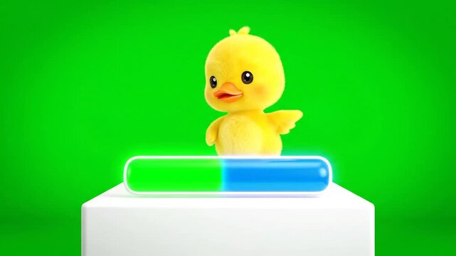 3D Rendered Yellow Chick Animation on White Pedestal with Green and Blue Loading Bar Isolated by Green Screen Perfect for UI and UX Design Celebrating Childrens Educational Content with Vibrant and