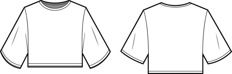 Women cropped T shirt flat sketch, fashion technical drawing, apparel design template, round neck short sleeve, above waist casual top, vector illustration