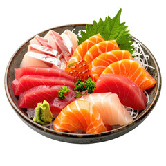A bowl of artfully arranged sashimi, showcasing various raw fish cuts