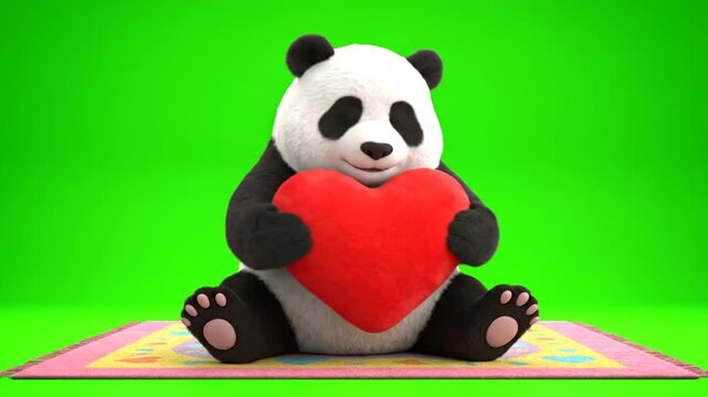 Delightful 3D Render of Smiling Panda Bear Holding Fluffy Red Heart on Colorful Playmat Isolated by Green Screen Background Perfect for Valentine's Day Animation Stock Footage with Adorable Character