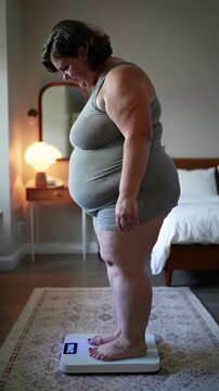 A curvy woman walks barefoot across her bedroom and steps onto a digital scale, looking down at the reading with a focused expression, vertical footage
