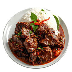 Close-up of a plate with braised meat and rice, garnished with herbs