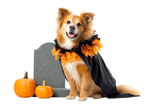 Cute Fluffy Dog Dressed in Spooky Black and Orange Halloween Cape with Pumpkins isolated on a transparent background