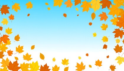 A vibrant, illustrated autumn scene. Scattered leaves in shades of orange and yellow fall from a bright blue, gradient sky. Clear space for text