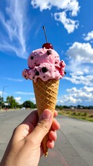 A vibrant ice cream cone, a sweet, refreshing dessert on a sunny day. Held in a hand, with the sky in the background