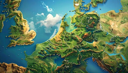 A vibrant, illustrated map depicting the geography of Europe, highlighting coastlines, elevations, and land cover, featuring a cartoonish aesthetic