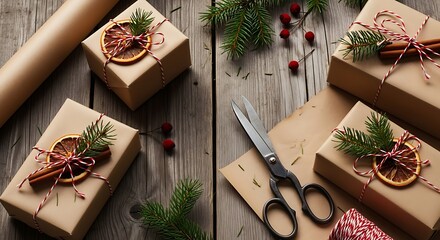 Christmas gifts wrapped in brown paper with festive decorations.