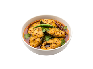 Zesty Indian fish dish made with Hilsa fish in a mustard sauce, set against a white background

