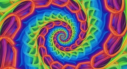 Vibrant chromatic spiral design with interconnected shapes and colours