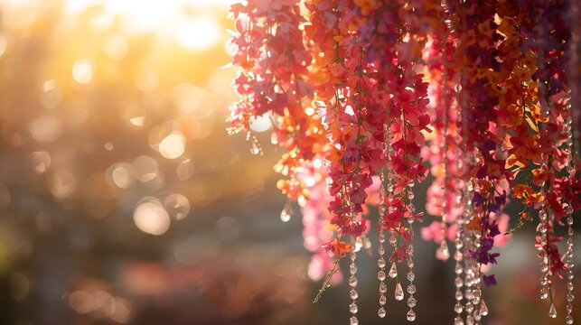 Vibrant water droplets and floral garlands capture the joy of a traditional water festival.