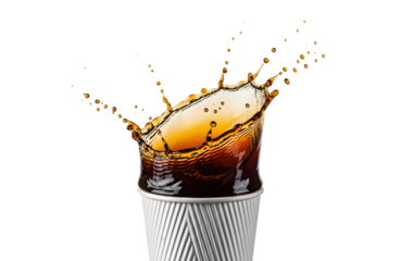 a splash of coffee in a disposable cup set on a white background

