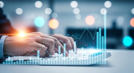 Hands typing on a keyboard with a financial graph overlay and blurred background showing data analysis