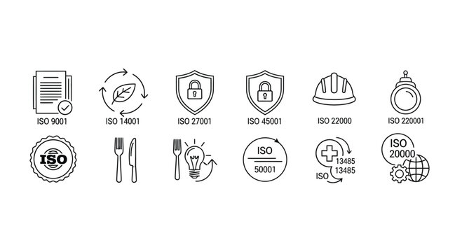 Set of modern hand drawn icons representing quality assurance and compliance standards vector