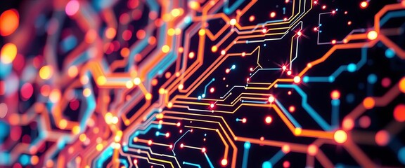 Abstract glowing circuit board with nodes and connections,  purple,  illustration